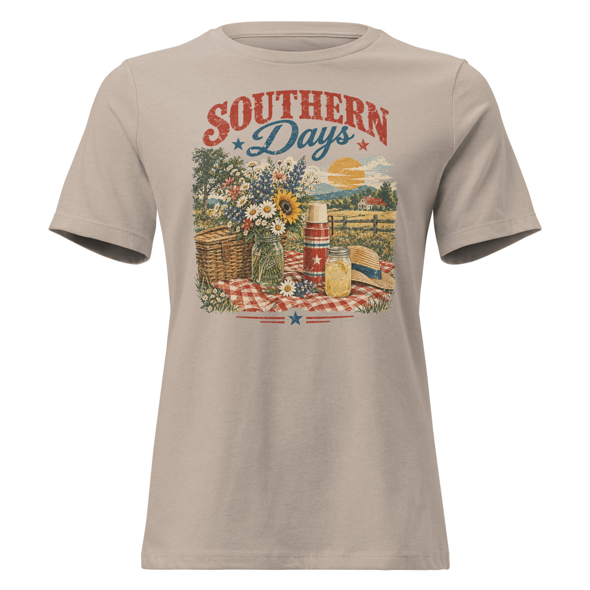 tan women's t-shirt with red, white, blue southern picnic spread graphic, with Southern days across the top