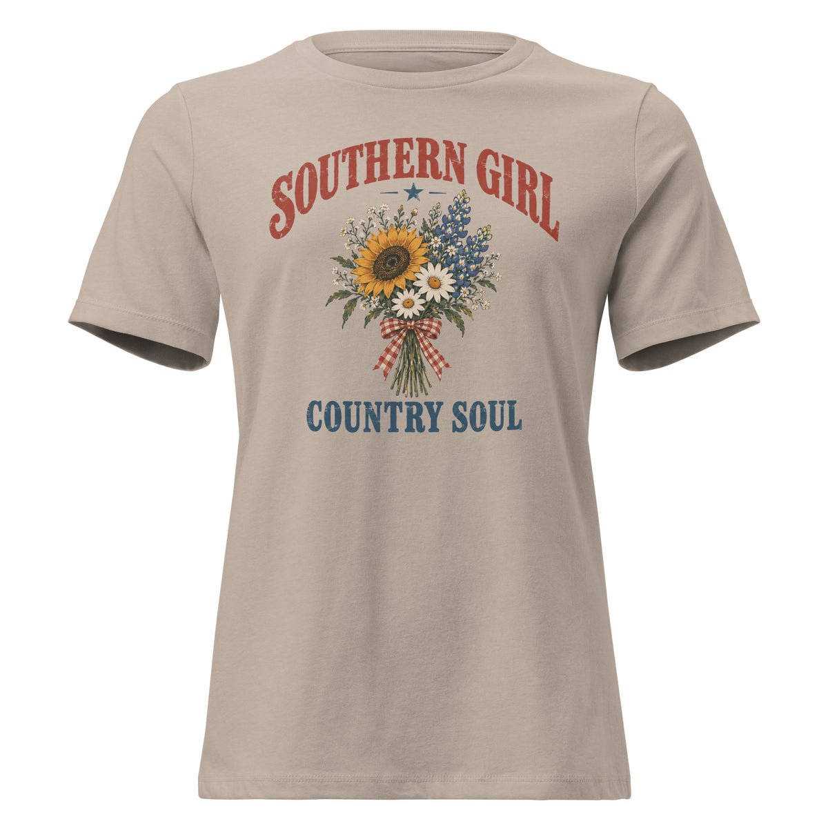 tan women's t-shirt with Southern girl country soul written above and below a simple wildflower bouquet