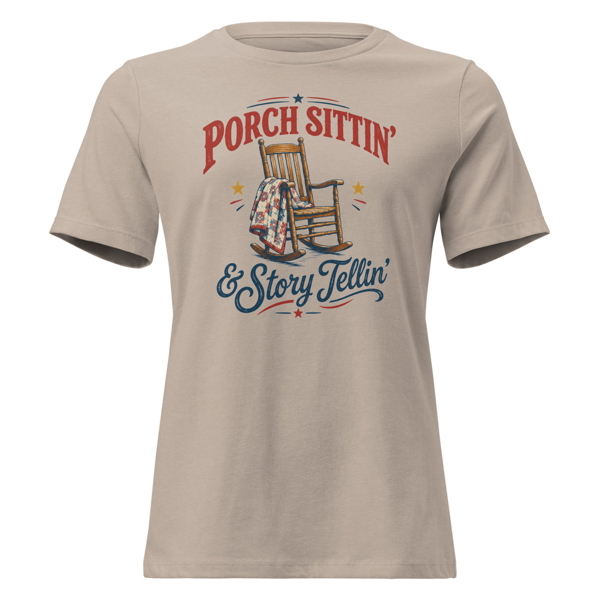 tan women's t-shirt with rocking chair graphic that says "Porch sittin & Story tellin" in southern country vibe
