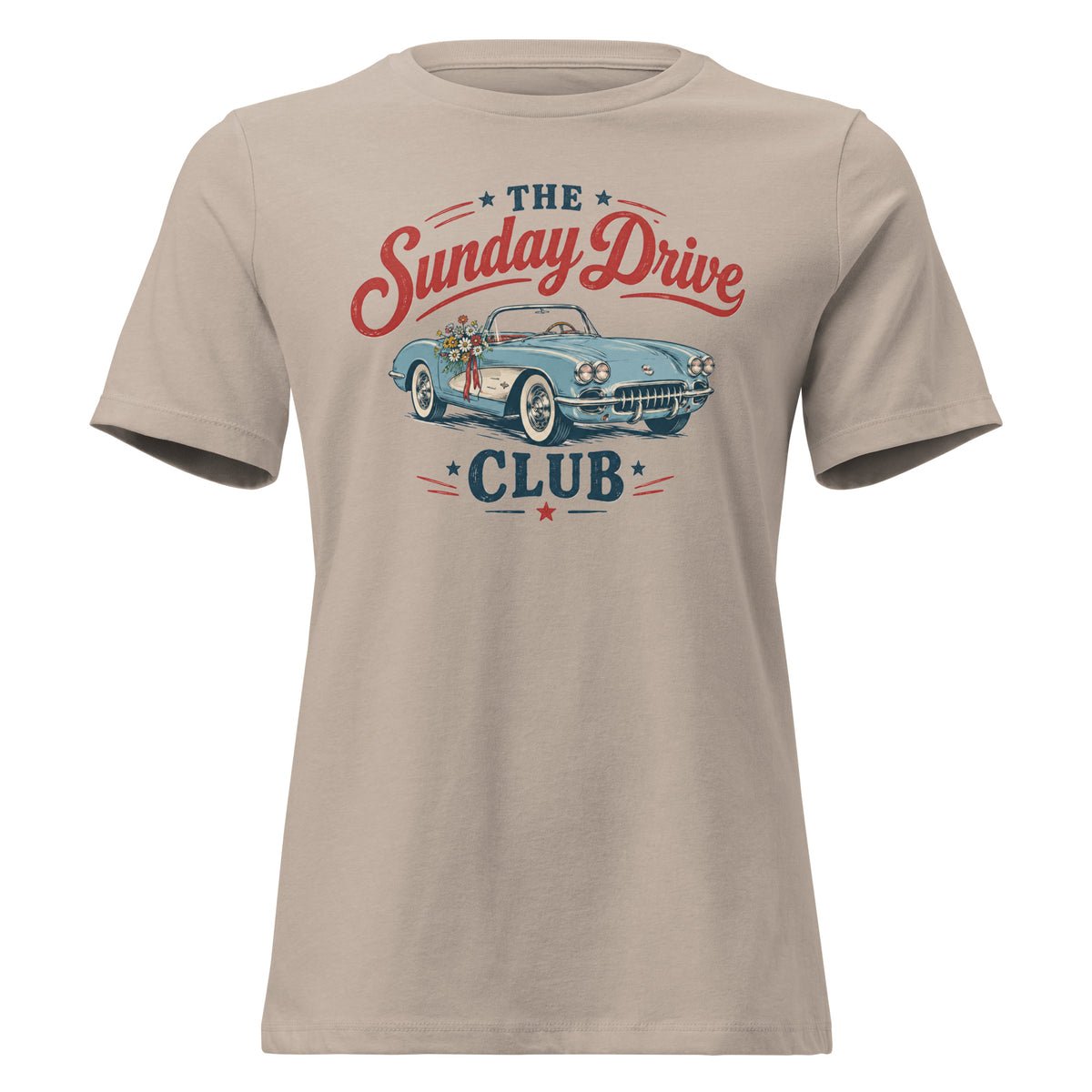 tan women's t-shirt with vintage car graphic that says "the sunday drive club" 