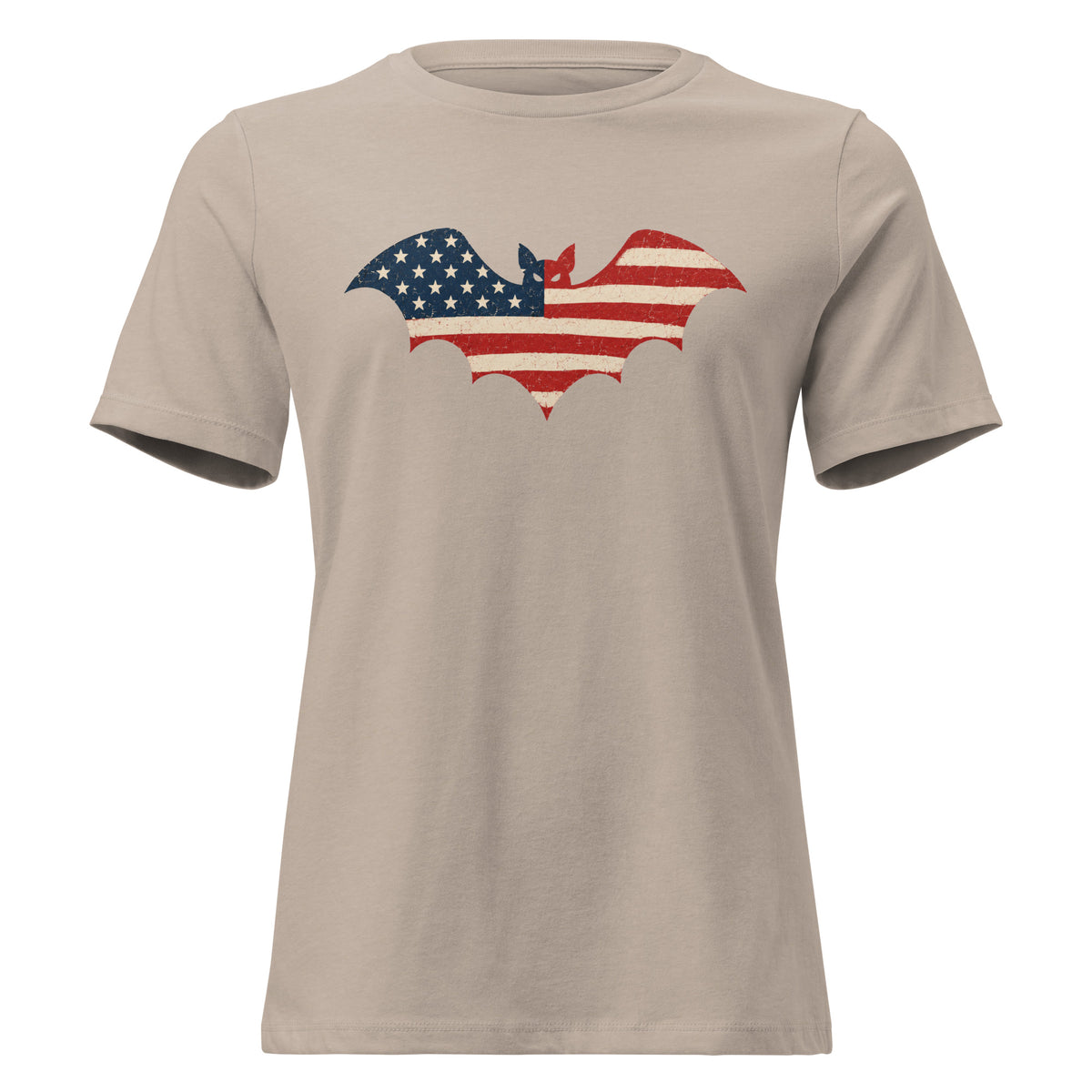women's tan t-shirt for Halloween with a simple bat silhouette filled with vintage American flag