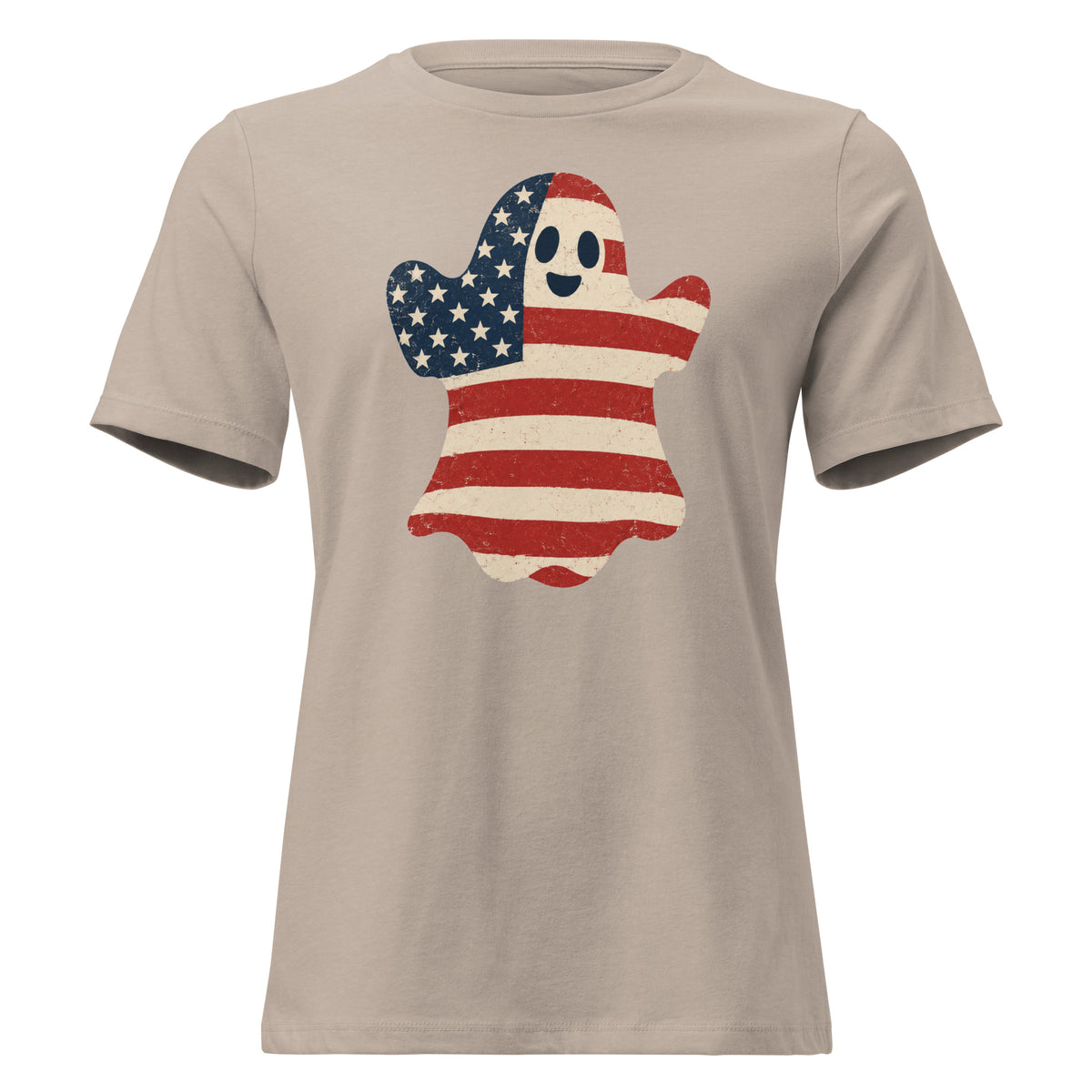 women's tan t-shirt for Halloween with a simple ghost silhouette filled with vintage American flag