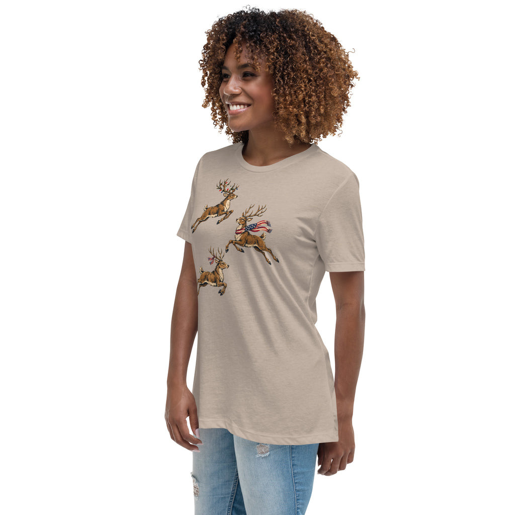 tan women's t-shirt with reindeer jumping graphic, and each has red white and blue lights/scarves