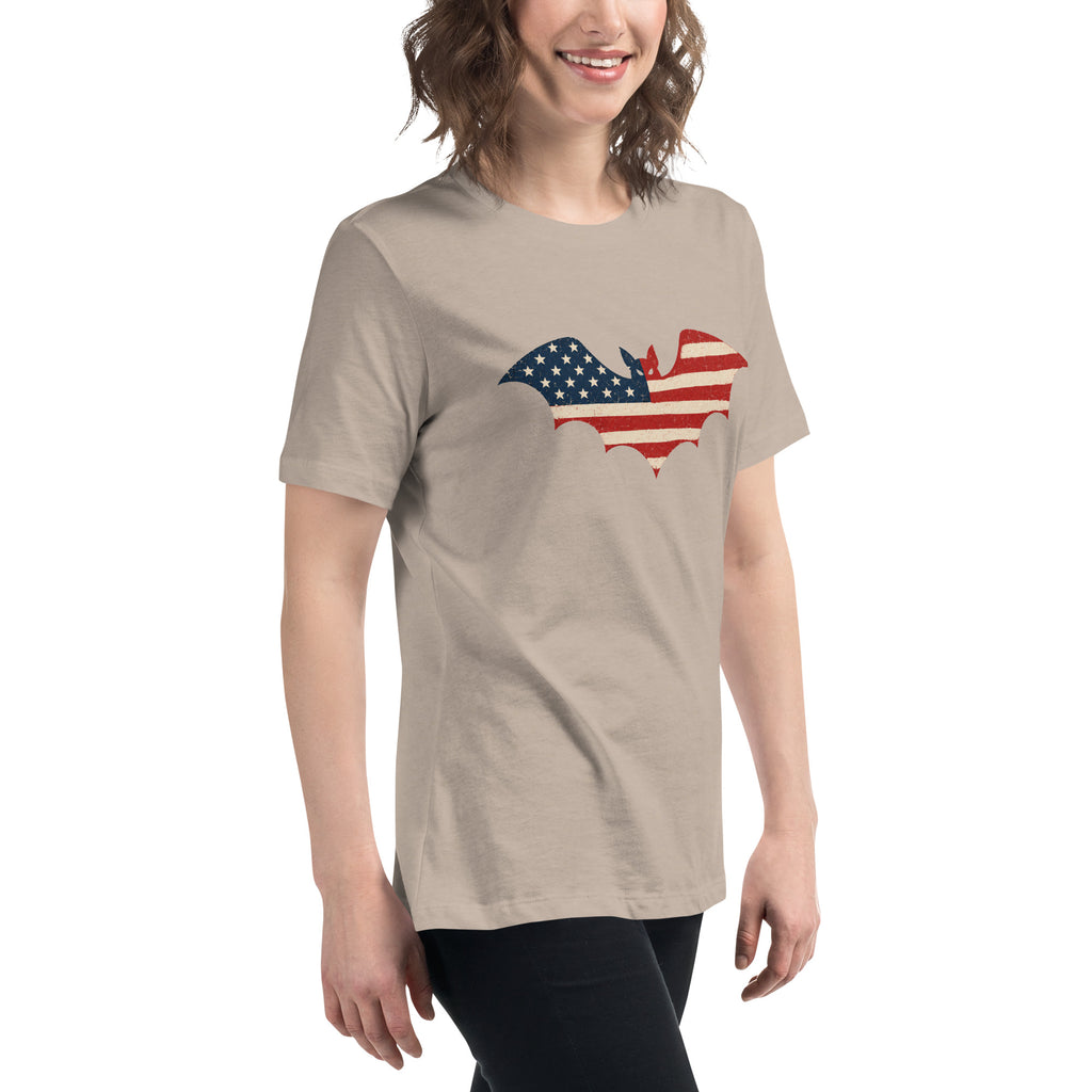 women's tan t-shirt for Halloween with a simple bat silhouette filled with vintage American flag