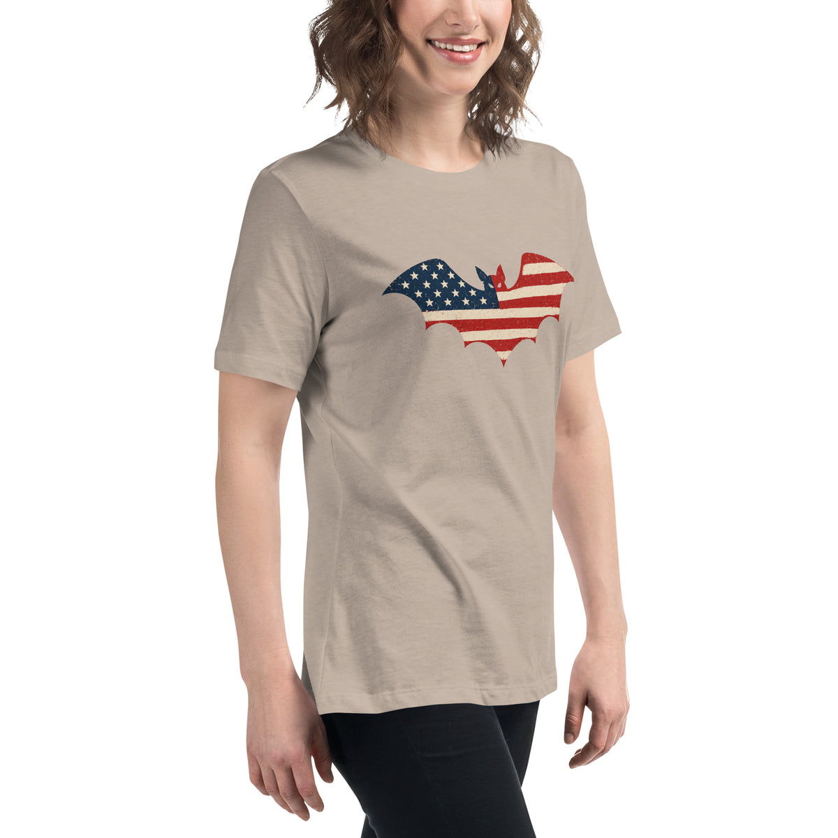 women's tan t-shirt for Halloween with a simple bat silhouette filled with vintage American flag
