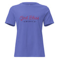 women's blue t-shirt with God Bless America written on it