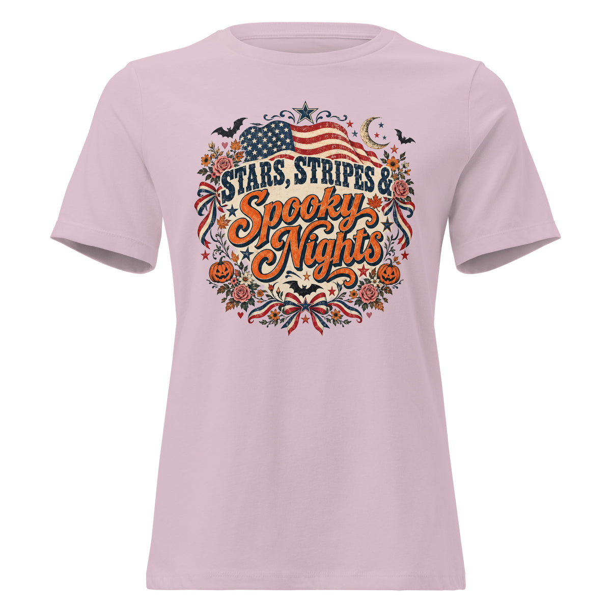 pink shirt with circular focal point that says "Stars, stripes & Spooky nights", with American flag, flowers, bats, and Halloween accents around