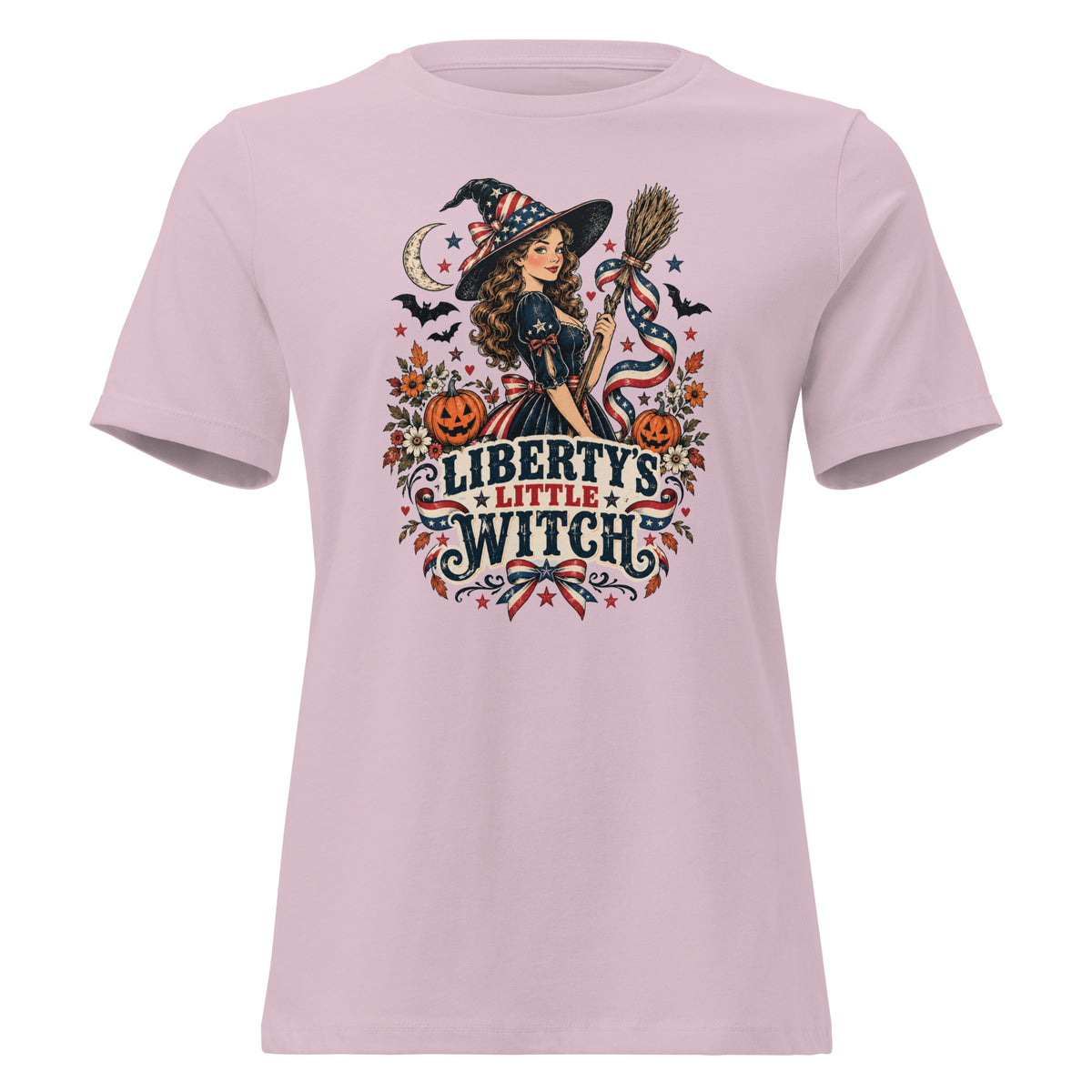 pink women's shirt with American theme witch, and halloween/fall inspired small icons with text saying "Liberty's Little Witch"