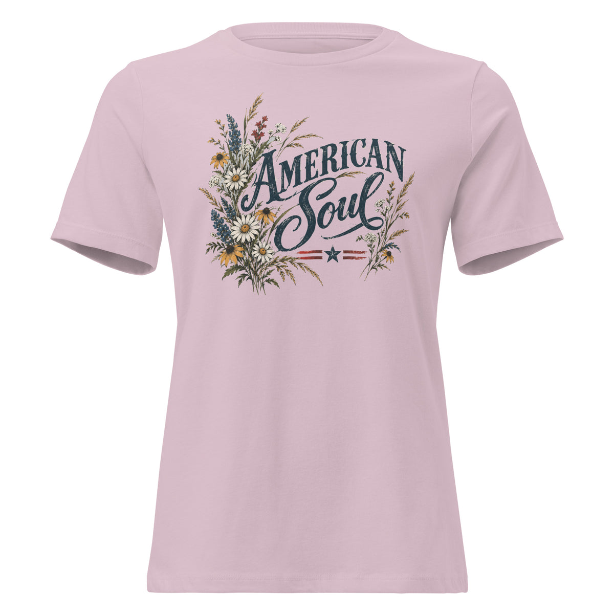 pink women's shirt with a wildflower graphic to the left of the text "American soul"