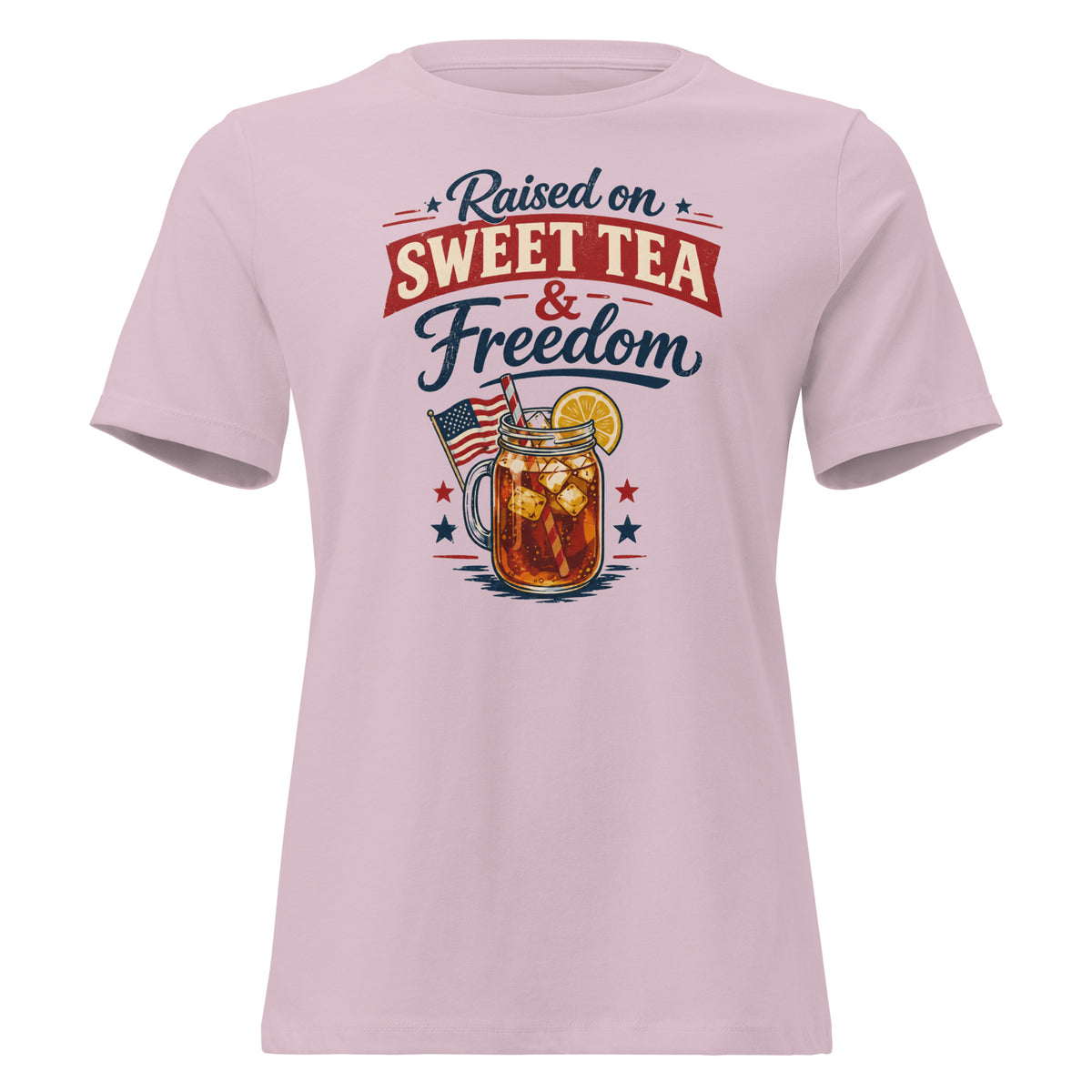 women's pink t-shirt that says "raised on sweet tea and freedom" with American flag and cartoon tea mason jar