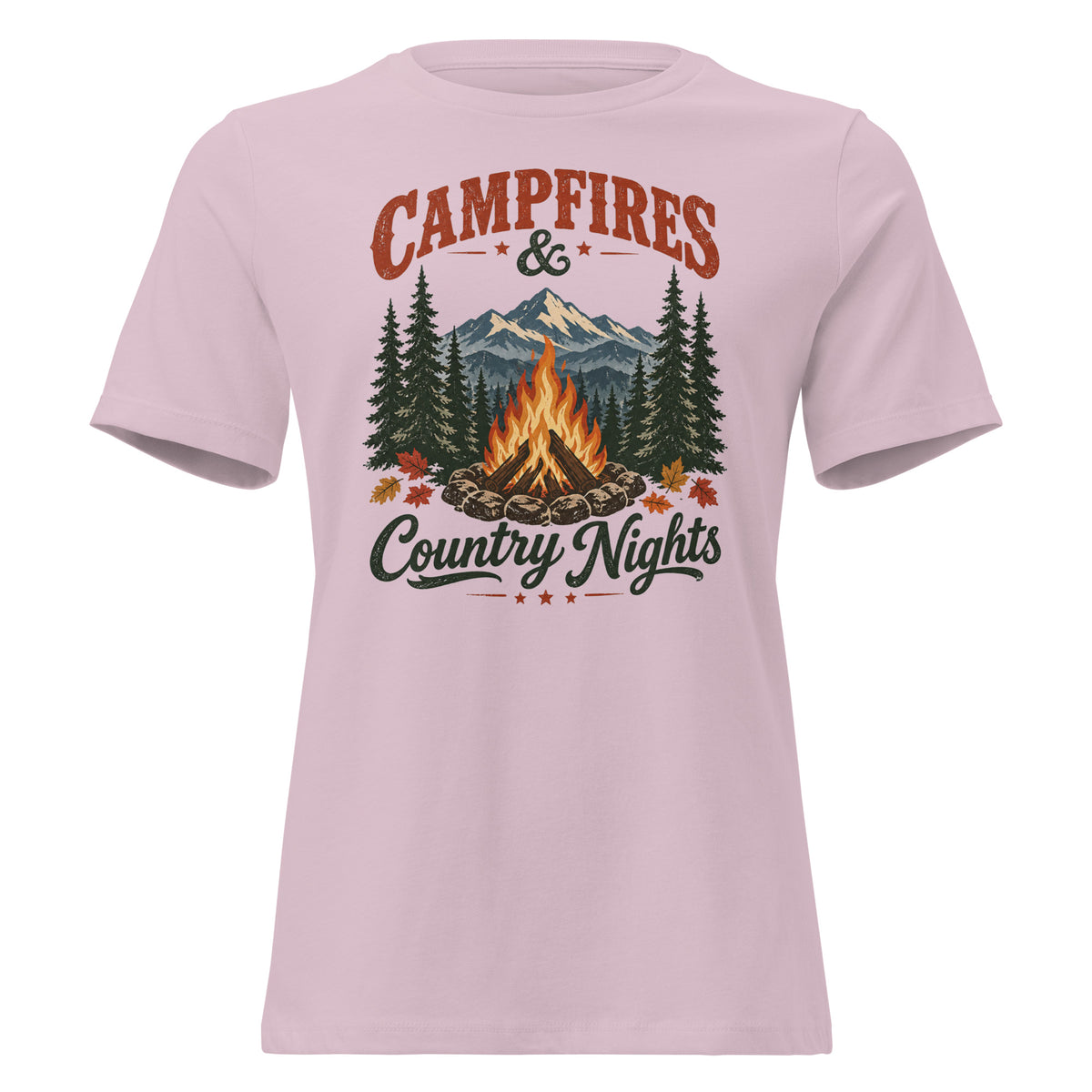 women's pink t-shirt with wooded camping area graphic that says "Campfires & Country Nights"