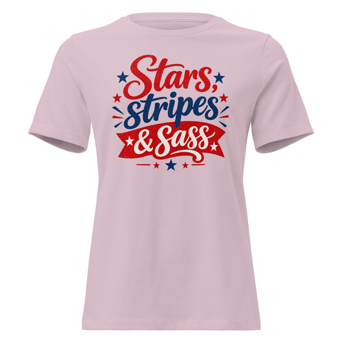 pink women's t-shirt that says "Stars, stripes & sass" in large lettering with red and blue star accents