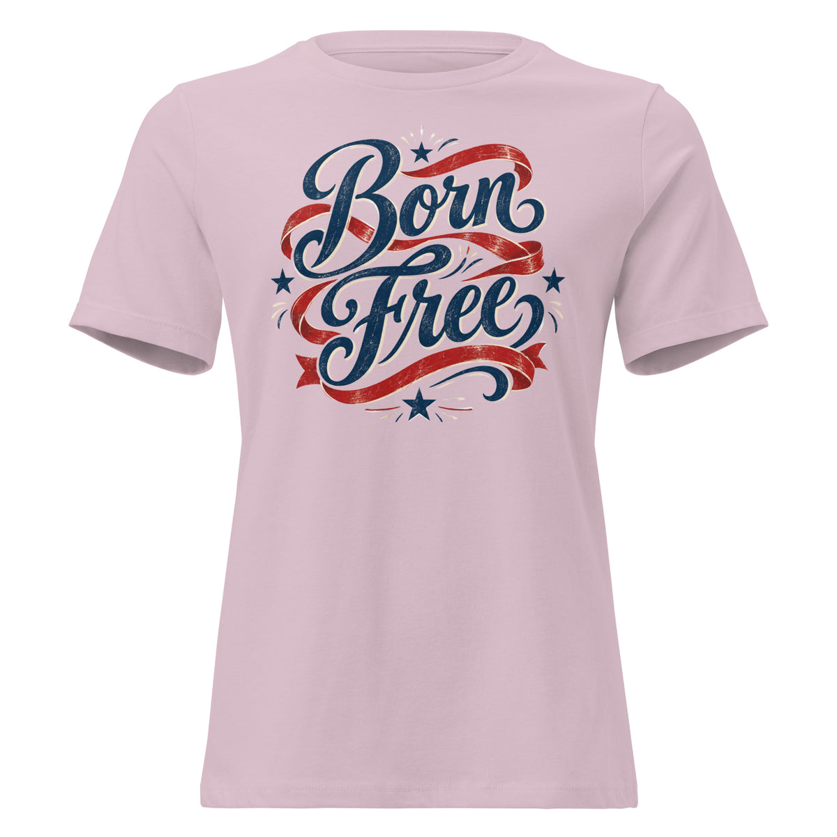 pink women's shirt with Born Free in scripted lettering and a red ribbon lacing around the words