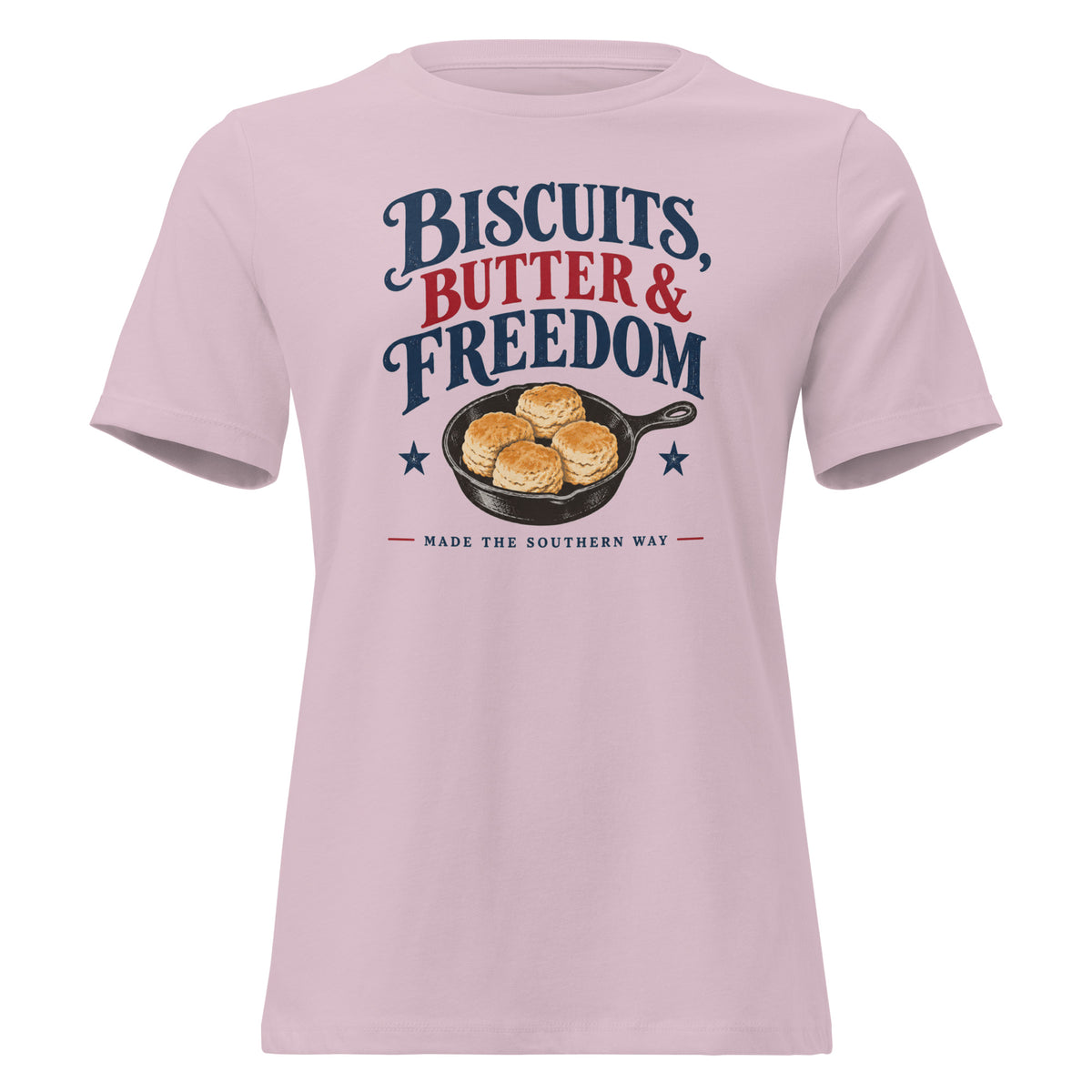 women's pink t-shirt with cast iron skillet with biscuits in it that says "Biscuits, butter & Freedom"