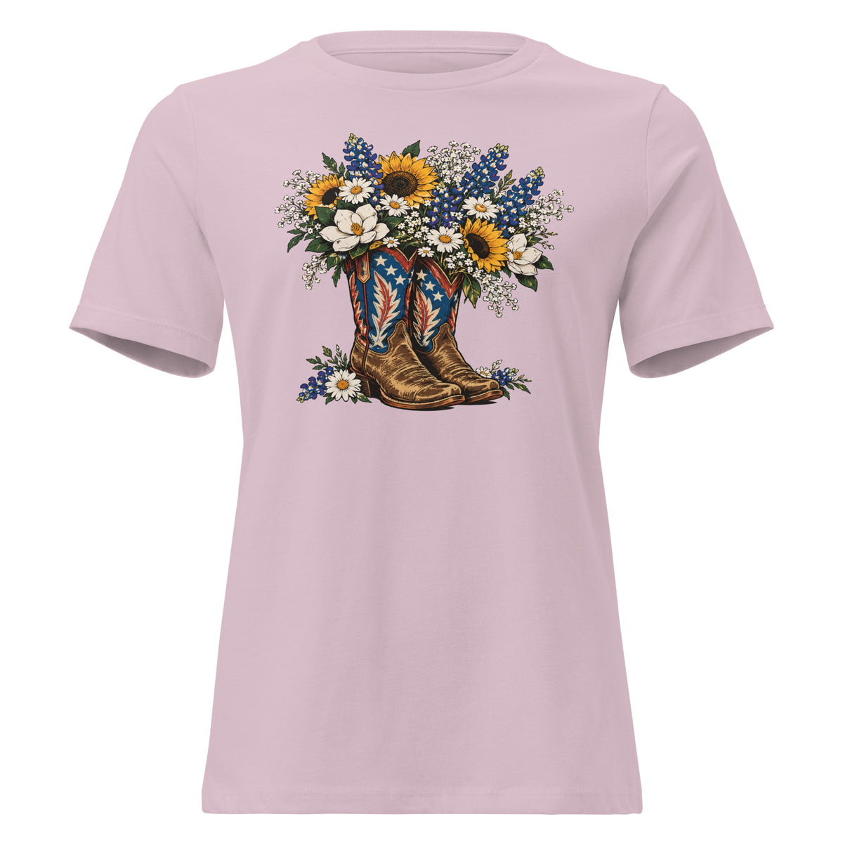 pink women's t-shirt with red, white, blue cowgirl boots graphic with wildflowers coming out of it