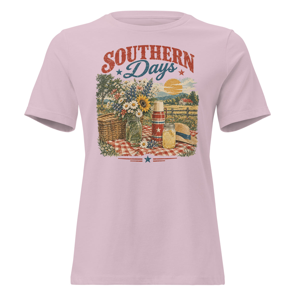 pink women's t-shirt with red, white, blue southern picnic spread graphic, with Southern days across the top