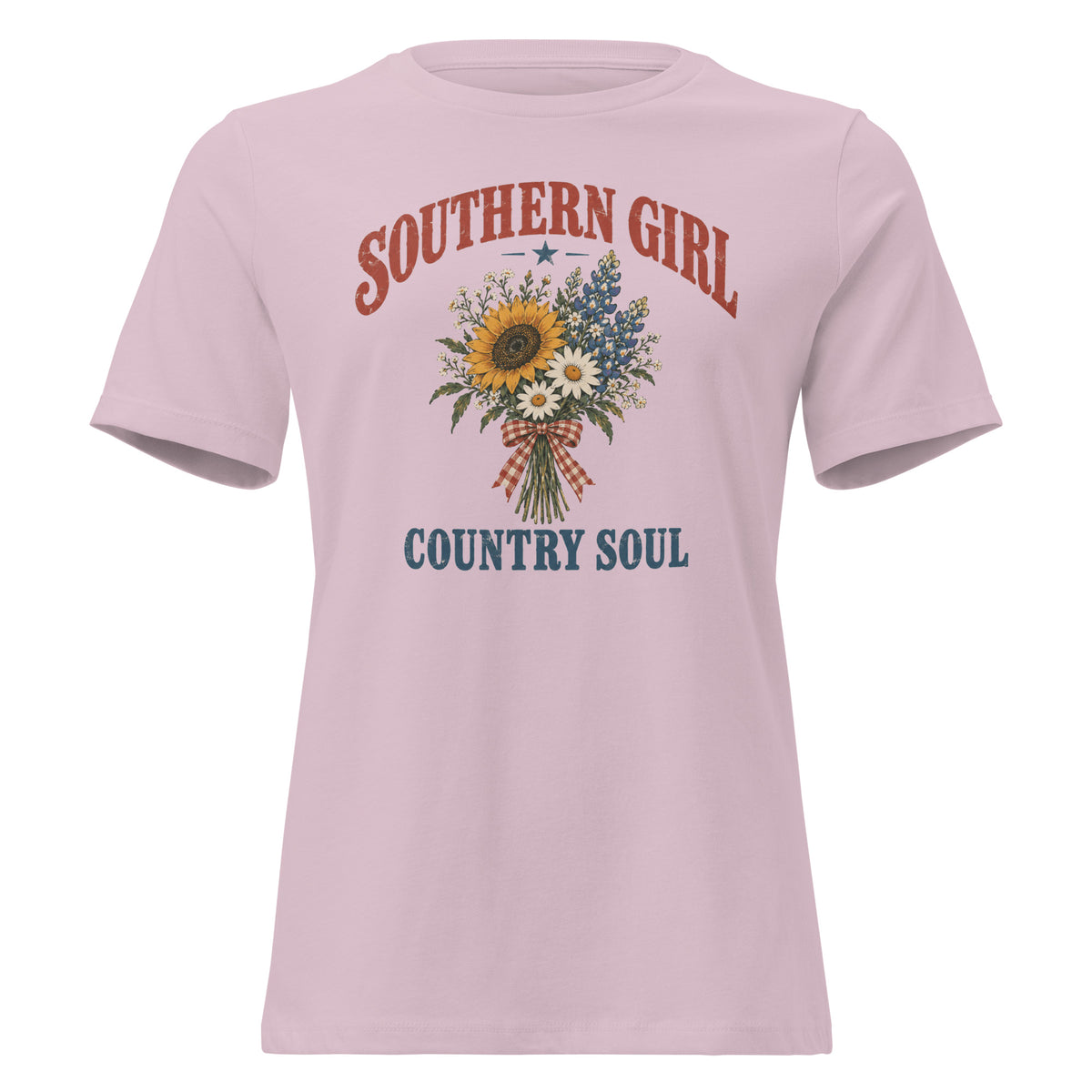 pink women's t-shirt with Southern girl country soul written above and below a simple wildflower bouquet