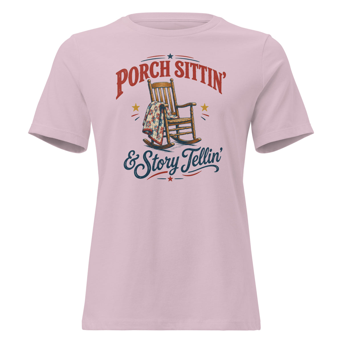 pink women's t-shirt with rocking chair graphic that says "Porch sittin & Story tellin" in southern country vibe