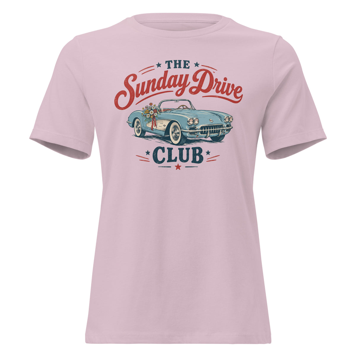 pink women's t-shirt with vintage car graphic that says "the sunday drive club" 