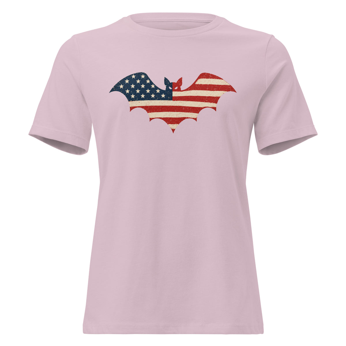 women's pink t-shirt for Halloween with a simple bat silhouette filled with vintage American flag