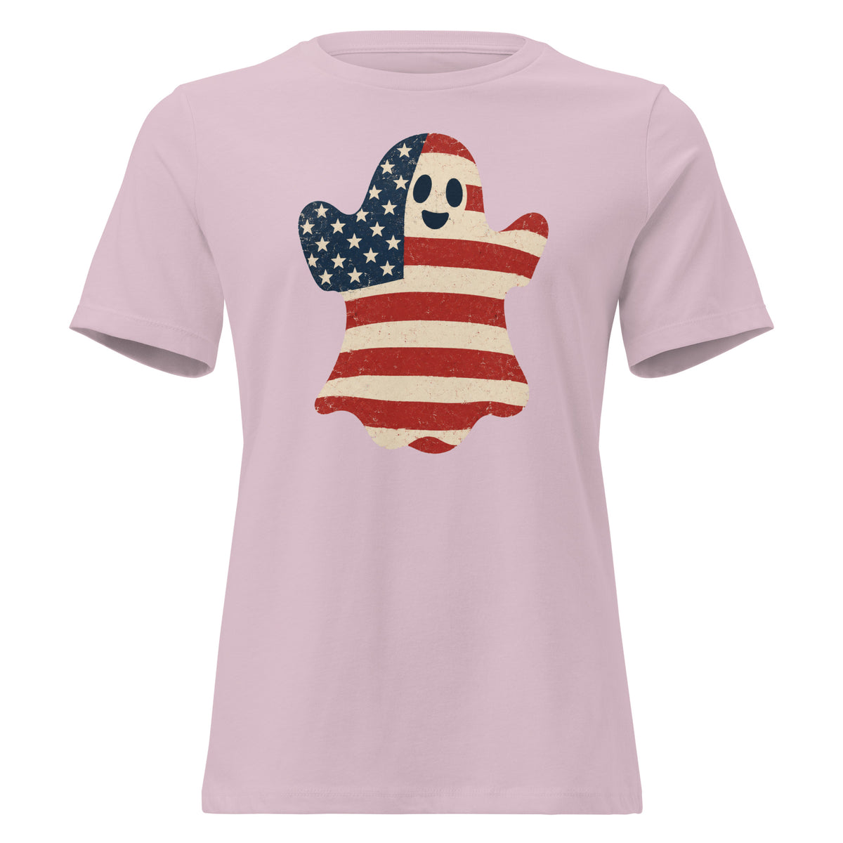 women's pink t-shirt for Halloween with a simple ghost silhouette filled with vintage American flag