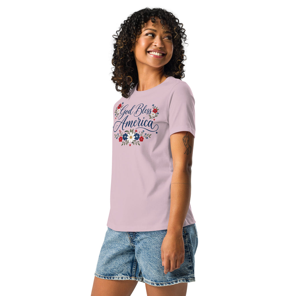 pink women's t-shirt with red, white and blue florals and God Bless America written in cursive flowing script