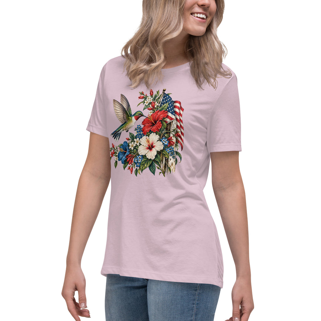 women's pink t-shirt with floral graphic and an American flag with a hummingbird