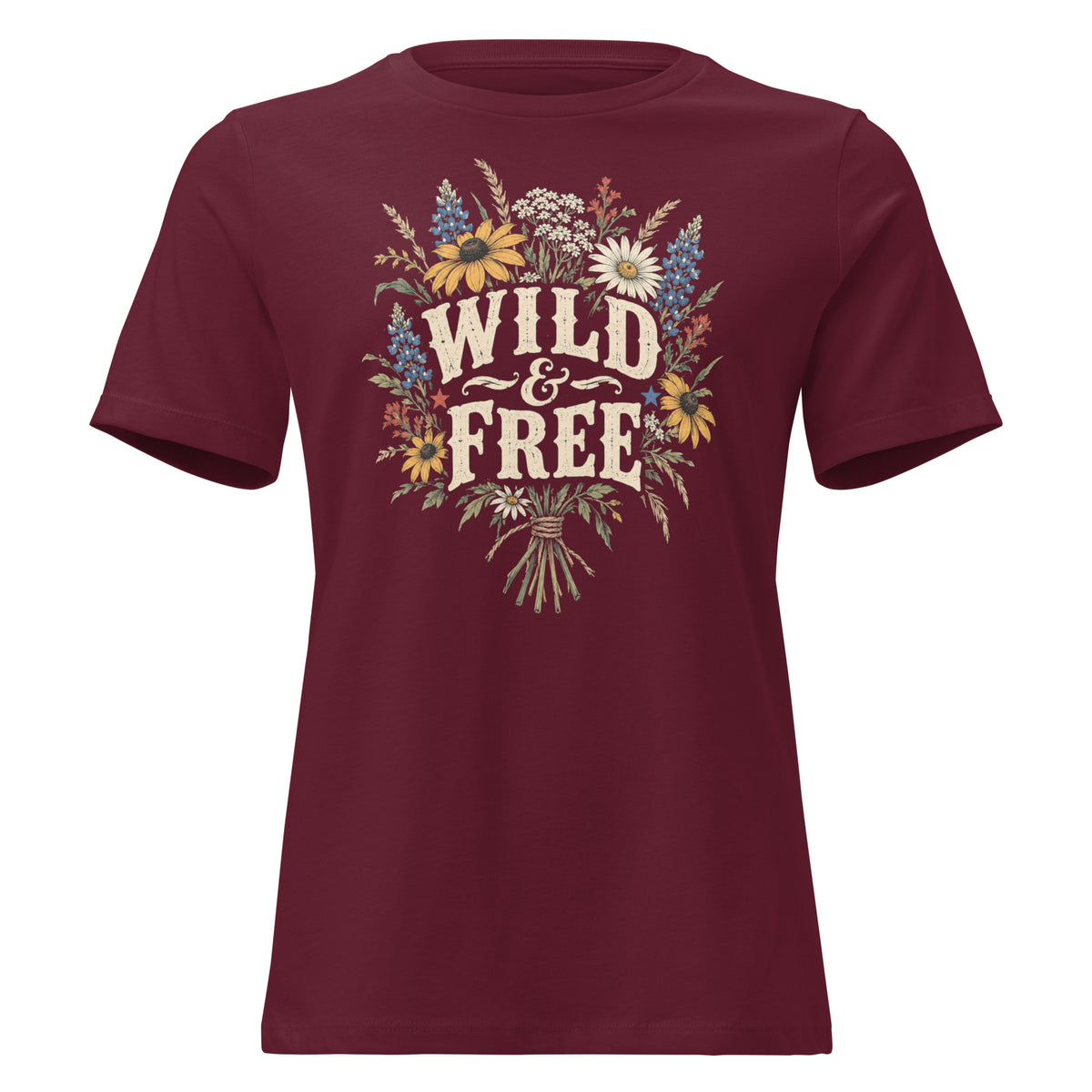 maroon women's shirt with a wildflower bouquet behind the text "wild & free"