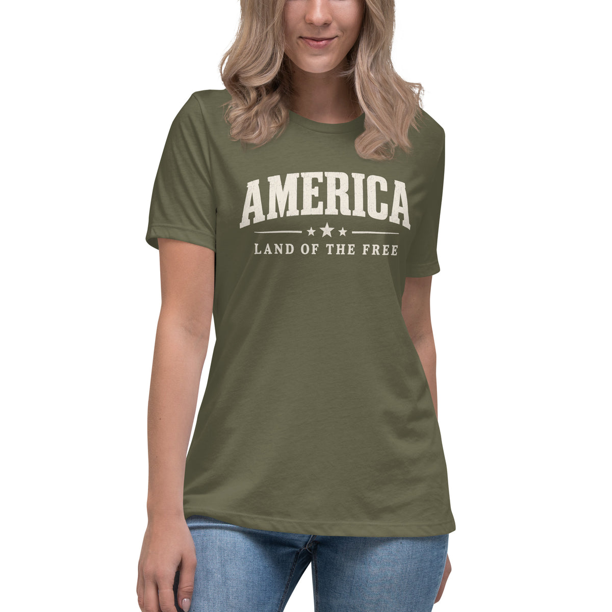 green women's t-shirt with America Land of the Free written in large letters, with a small line and stars accent