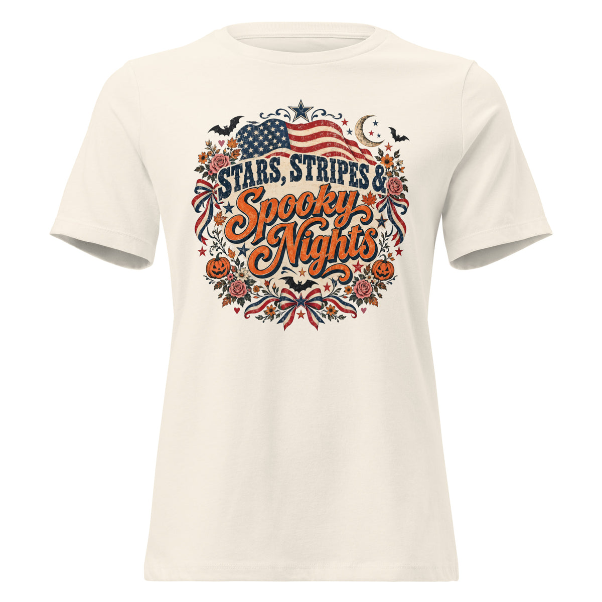 off-white shirt with circular focal point that says "Stars, stripes & Spooky nights", with American flag, flowers, bats, and Halloween accents around