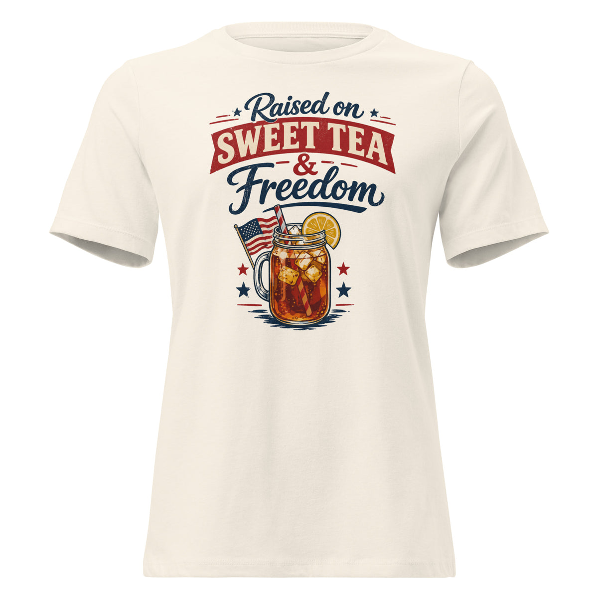 women's white t-shirt that says "raised on sweet tea and freedom" with American flag and cartoon tea mason jar