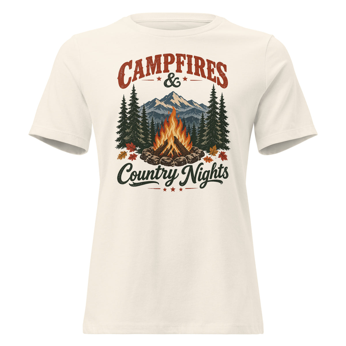 women's white t-shirt with wooded camping area graphic that says "Campfires & Country Nights"