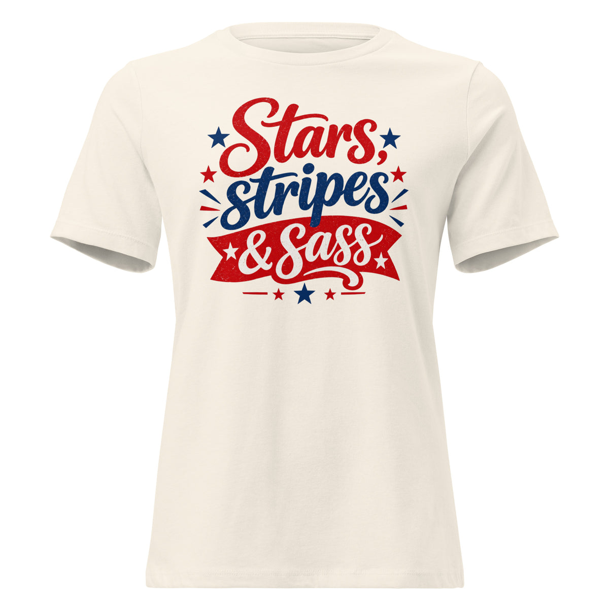 white women's t-shirt that says "Stars, stripes & sass" in large lettering with red and blue star accents