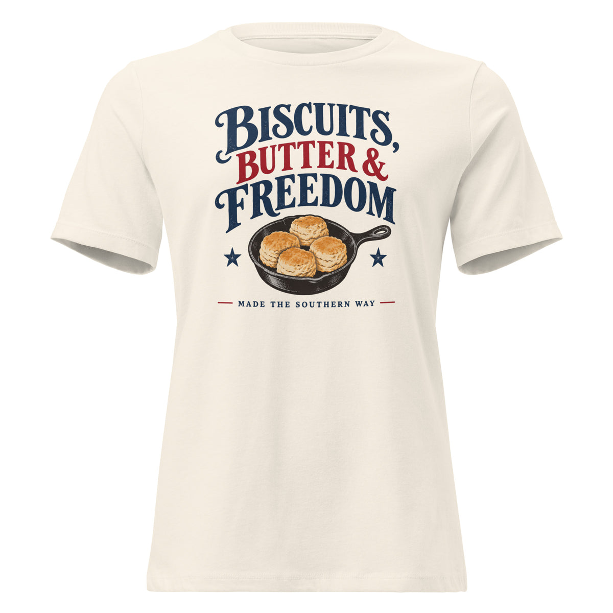 women's white t-shirt with cast iron skillet with biscuits in it that says "Biscuits, butter & Freedom"