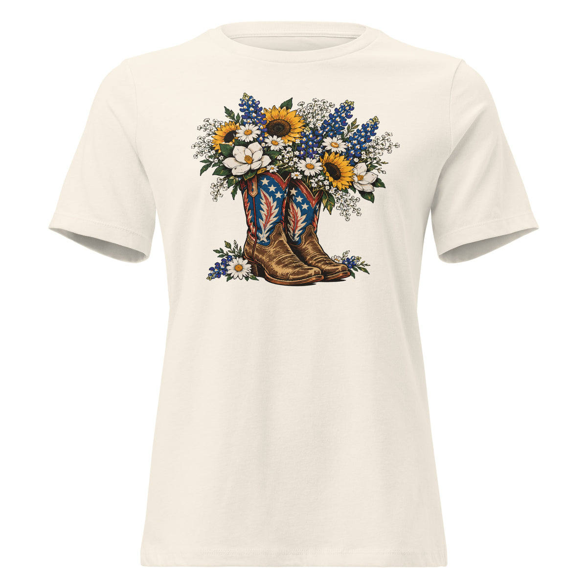 white women's t-shirt with red, white, blue cowgirl boots graphic with wildflowers coming out of it