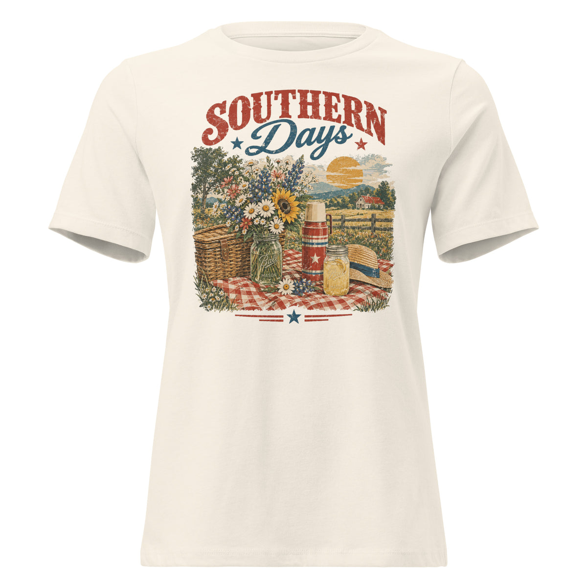 white women's t-shirt with red, white, blue southern picnic spread graphic, with Southern days across the top