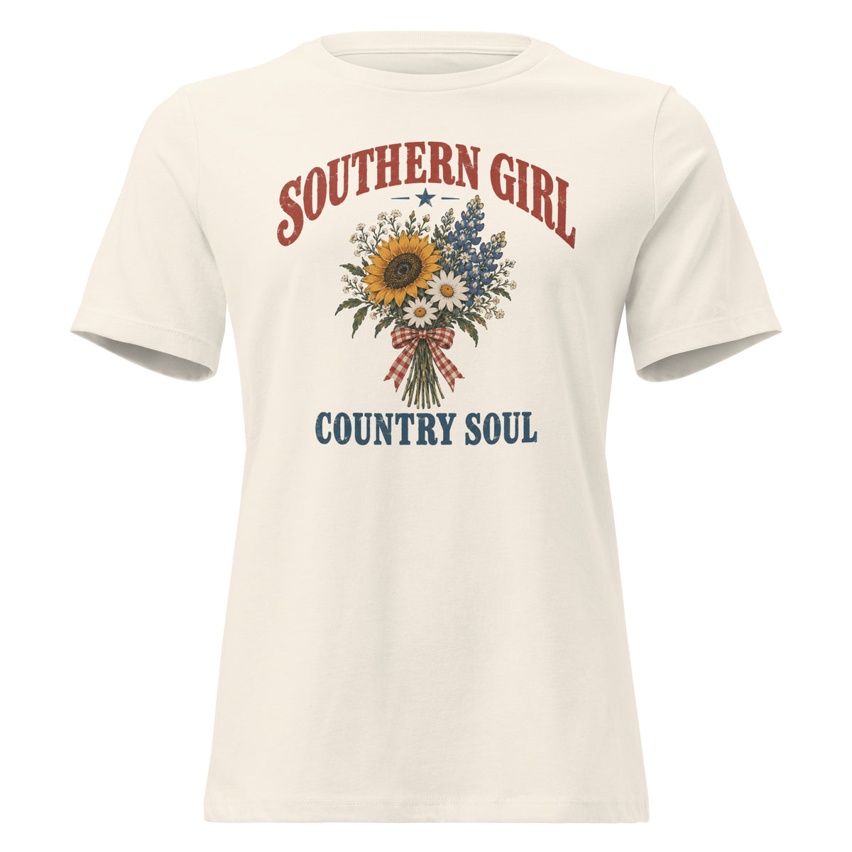 white women's t-shirt with Southern girl country soul written above and below a simple wildflower bouquet