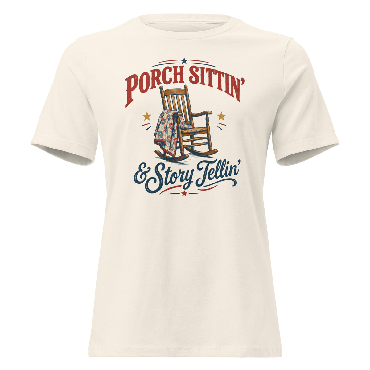 off white women's t-shirt with rocking chair graphic that says "Porch sittin & Story tellin" in southern country vibe