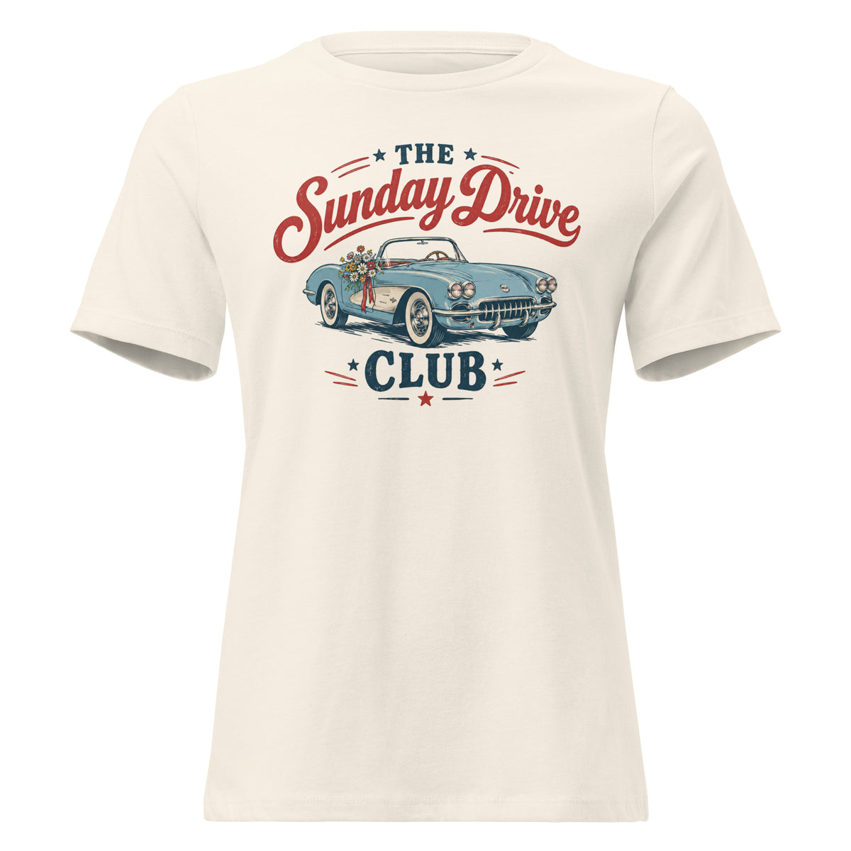 white women's t-shirt with vintage car graphic that says "the sunday drive club" 