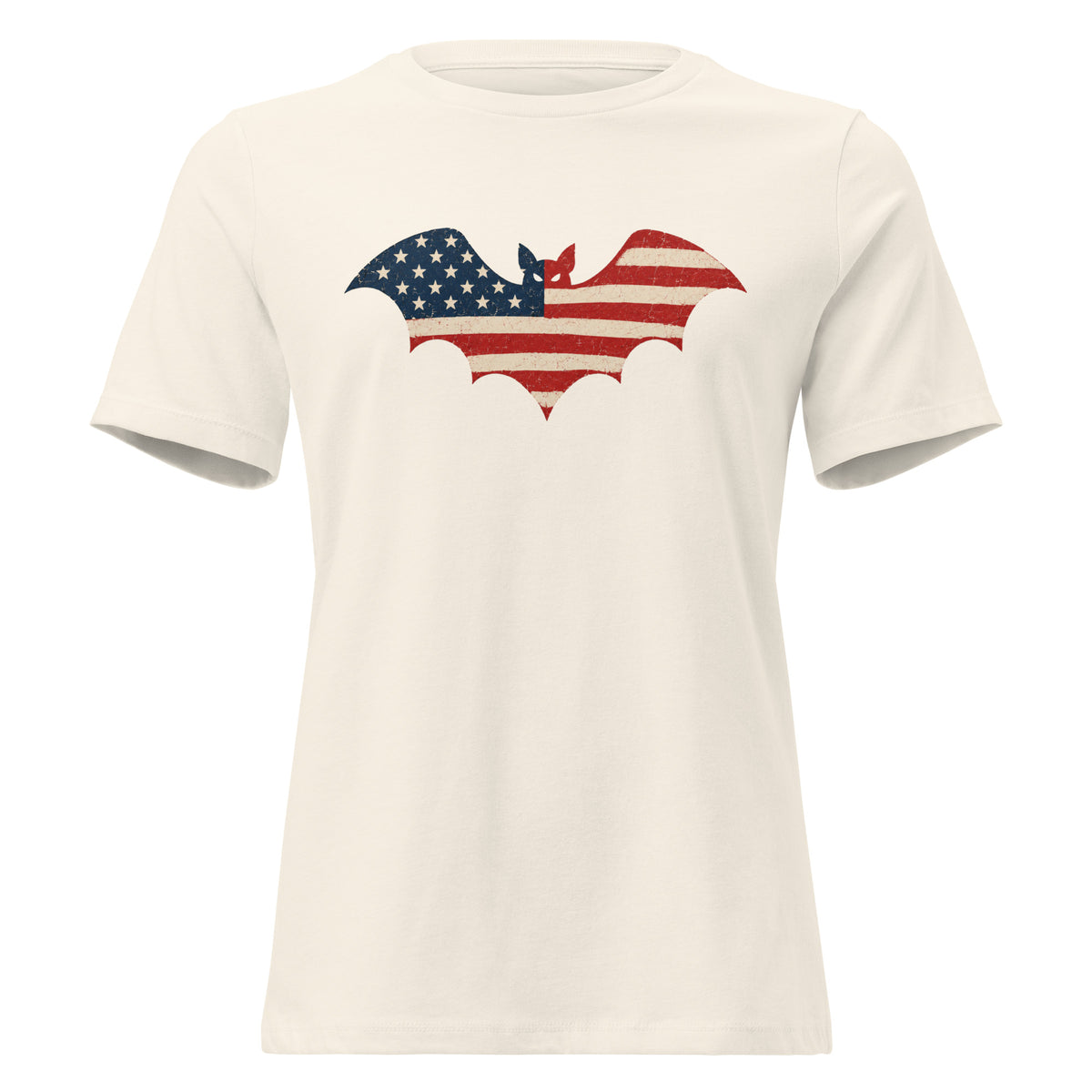 women's off-white t-shirt for Halloween with a simple bat silhouette filled with vintage American flag