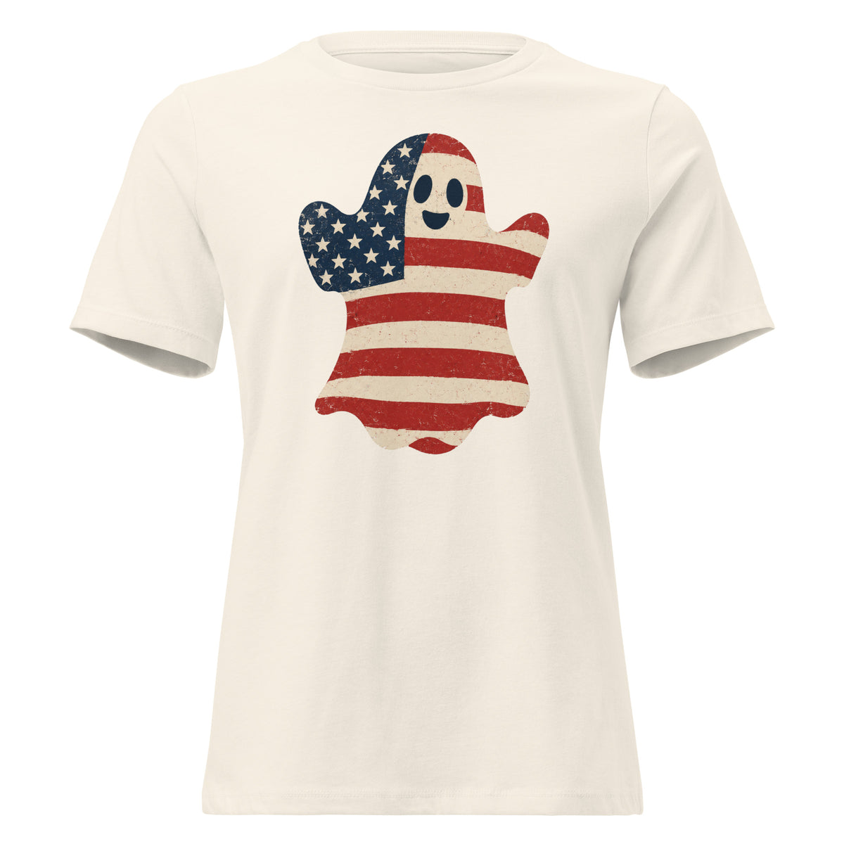 women's off-white t-shirt for Halloween with a simple ghost silhouette filled with vintage American flag