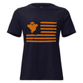 Women's navy t-shirt with orange ghost and American flag design on front