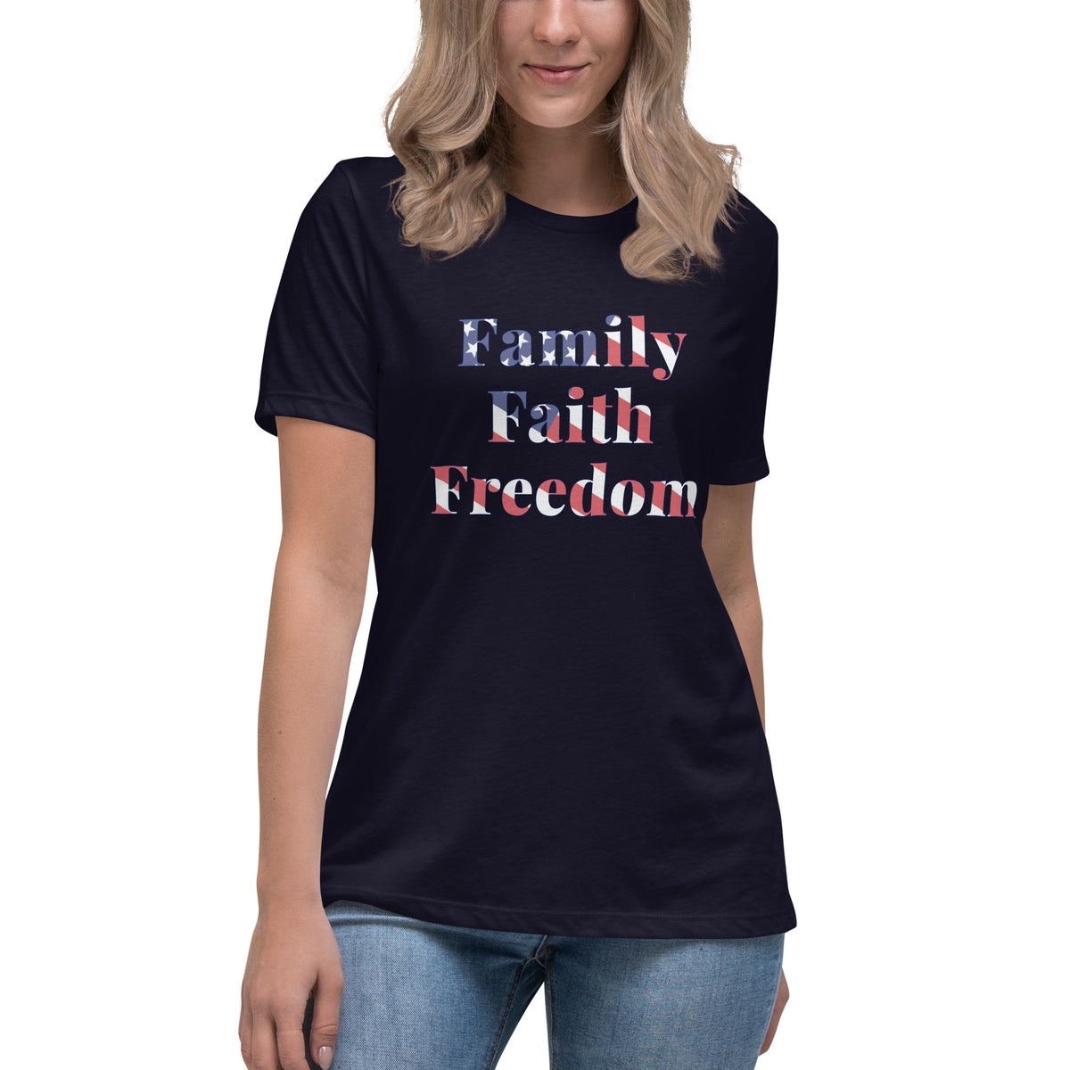 women's navy t-shirt with Family Faith Freedom with American flag overlay