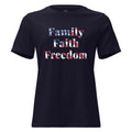 women's navy t-shirt with Family Faith Freedom with American flag overlay