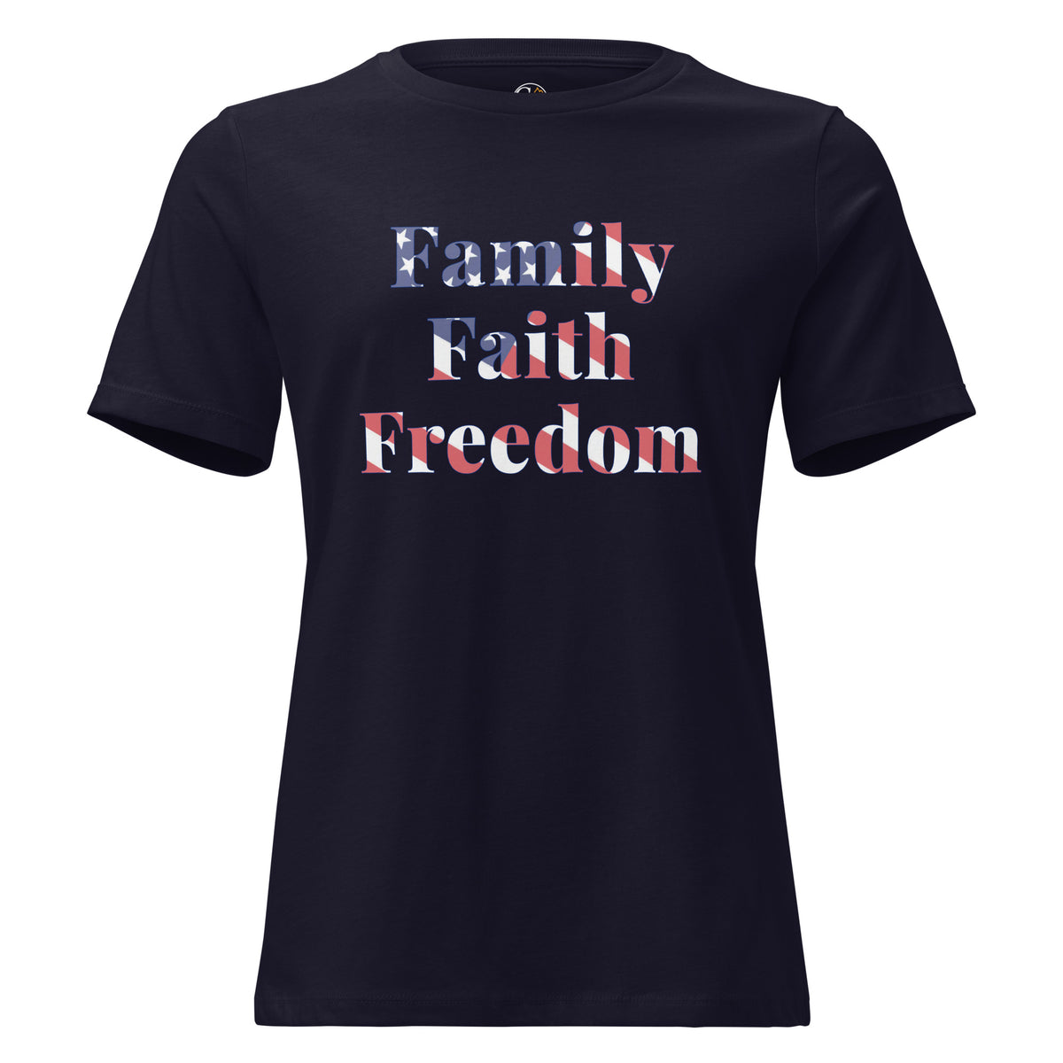women's navy t-shirt with Family Faith Freedom with American flag overlay