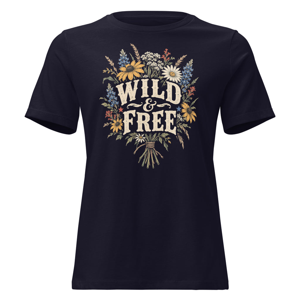 navy women's shirt with a wildflower bouquet behind the text "wild & free"