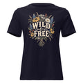 navy women's shirt with a wildflower bouquet behind the text "wild & free"