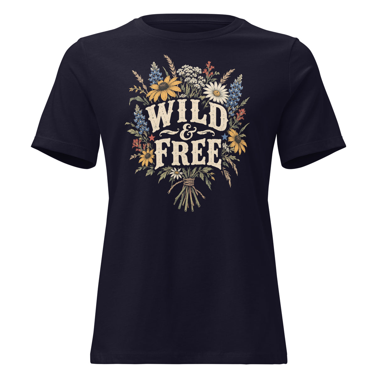 navy women's shirt with a wildflower bouquet behind the text "wild & free"