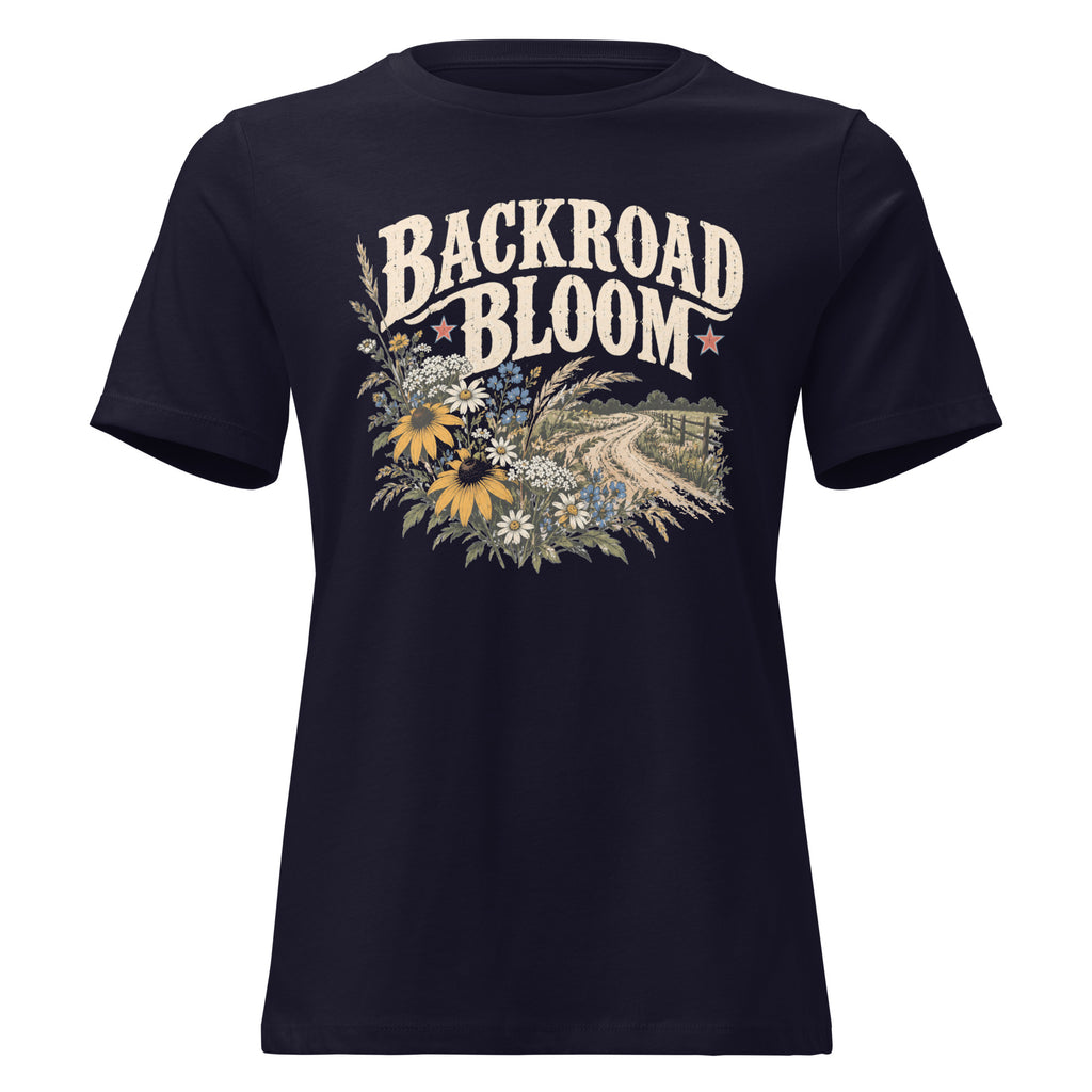 navy women's shirt with a wildflower graphic and dirt road below the text "backroad bloom"