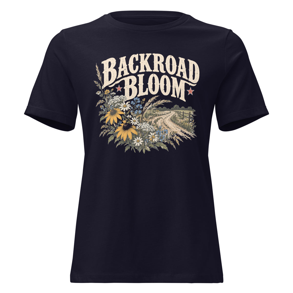 navy women's shirt with a wildflower graphic and dirt road below the text "backroad bloom"